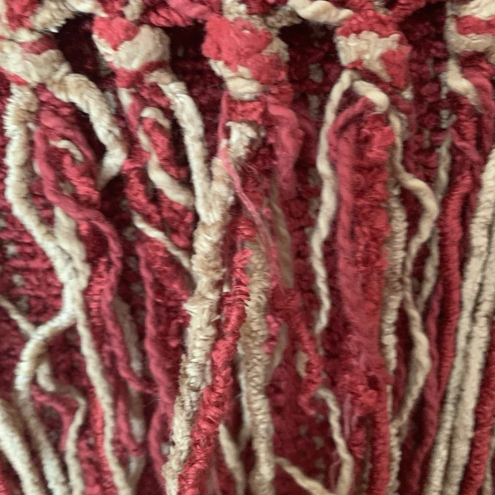 Restoration Hardware Chenille Fringe Throw Blanket Heavy Red Tan Stripe Holiday